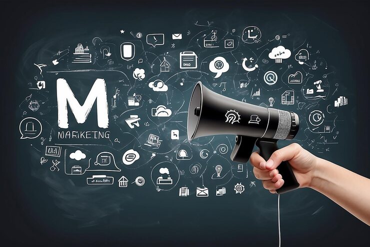 Mano sosteniendo megáfono con íconos de marketing · ADN de Marca B2B · Compartamos Redes