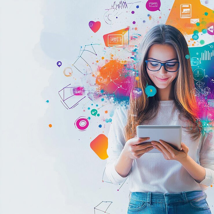 Diseñadora trabajando en piezas creativas · Diseño Gráfico B2B · Compartamos Redes