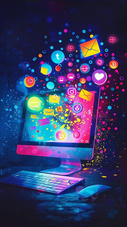 Escena vectorial de arte digital en pantalla · Diseño Gráfico B2B · Compartamos Redes